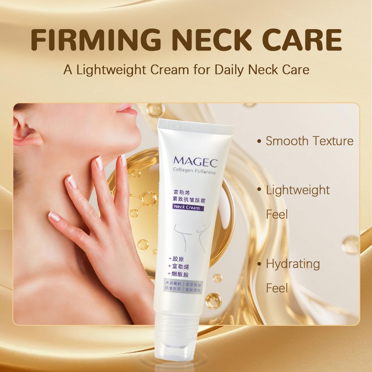 Magic Collagen Fullerene Neck Cream, Magec Cream, Tighten and Lift Firming Neck Cream for Crepey Skin, Collagen Neck Cream with Five Rollers, Wrinkles and Tightening for Skin Types(1 PCS)