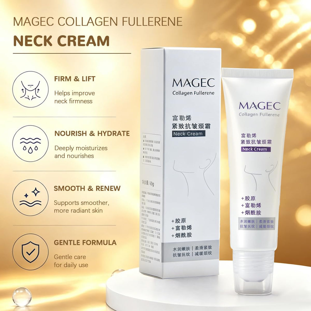 Magic Collagen Fullerene Neck Cream, Magec Cream, Tighten and Lift Firming Neck Cream for Crepey Skin, Collagen Neck Cream with Five Rollers, Wrinkles and Tightening for Skin Types(1 PCS)