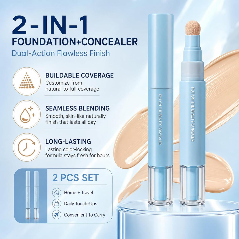 Dual-effect Concealer & Foundation Eye Concealer, 2-in-1 Liquid Foundation & Eye Concealer Pen, Long-Lasting Concealer Face Cream (2pcs, Beige)